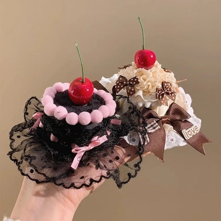 Sweet Lolita Cherry Cake Mini Hat with Clips – Kawaii Bow Cake-Shaped Hair Clip, Birthday Party Headwear & Photoshoot Prop for Girls